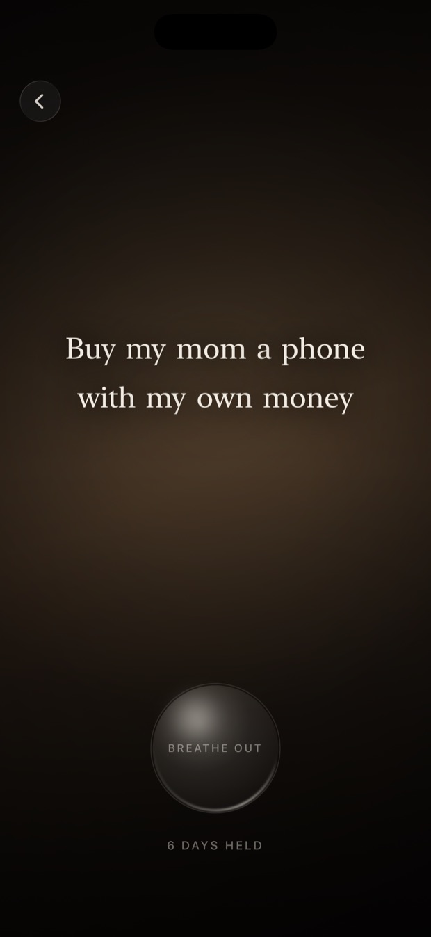 Goalism's goal screen showing the sentence “Buy my mom a phone with my own money”.