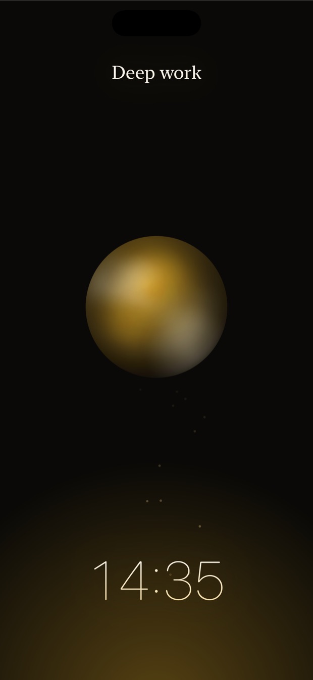 A Goalism focus session: a molten-gold scene with a 14:35 countdown.
